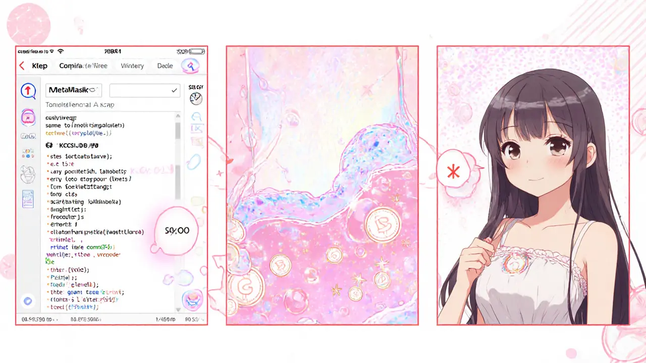 Three‑panel shoujo manga sequence: adding KCC to MetaMask, providing liquidity, and zero‑fee swapping on KCCSwap.