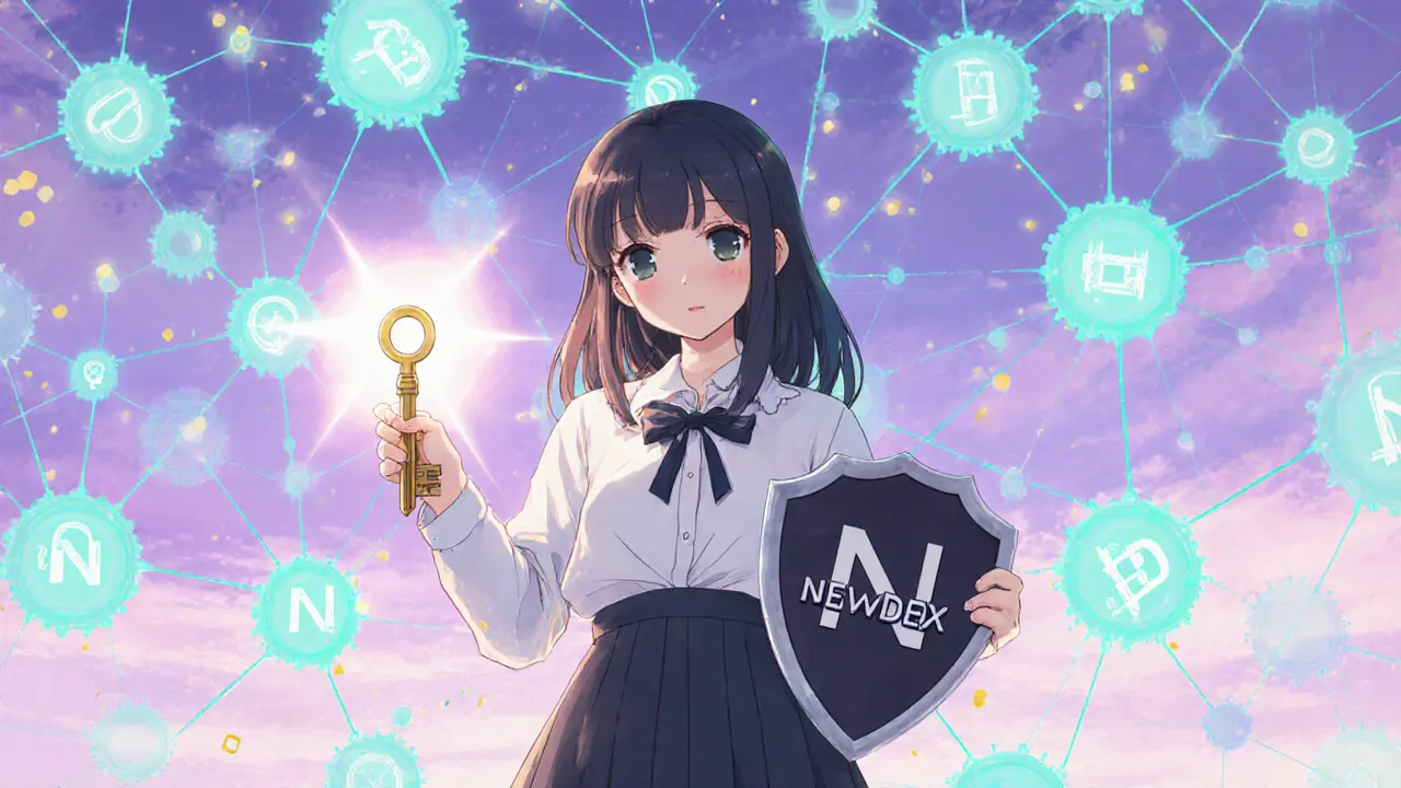 Trader holding a key and shield before a pastel‑lit decentralized network.