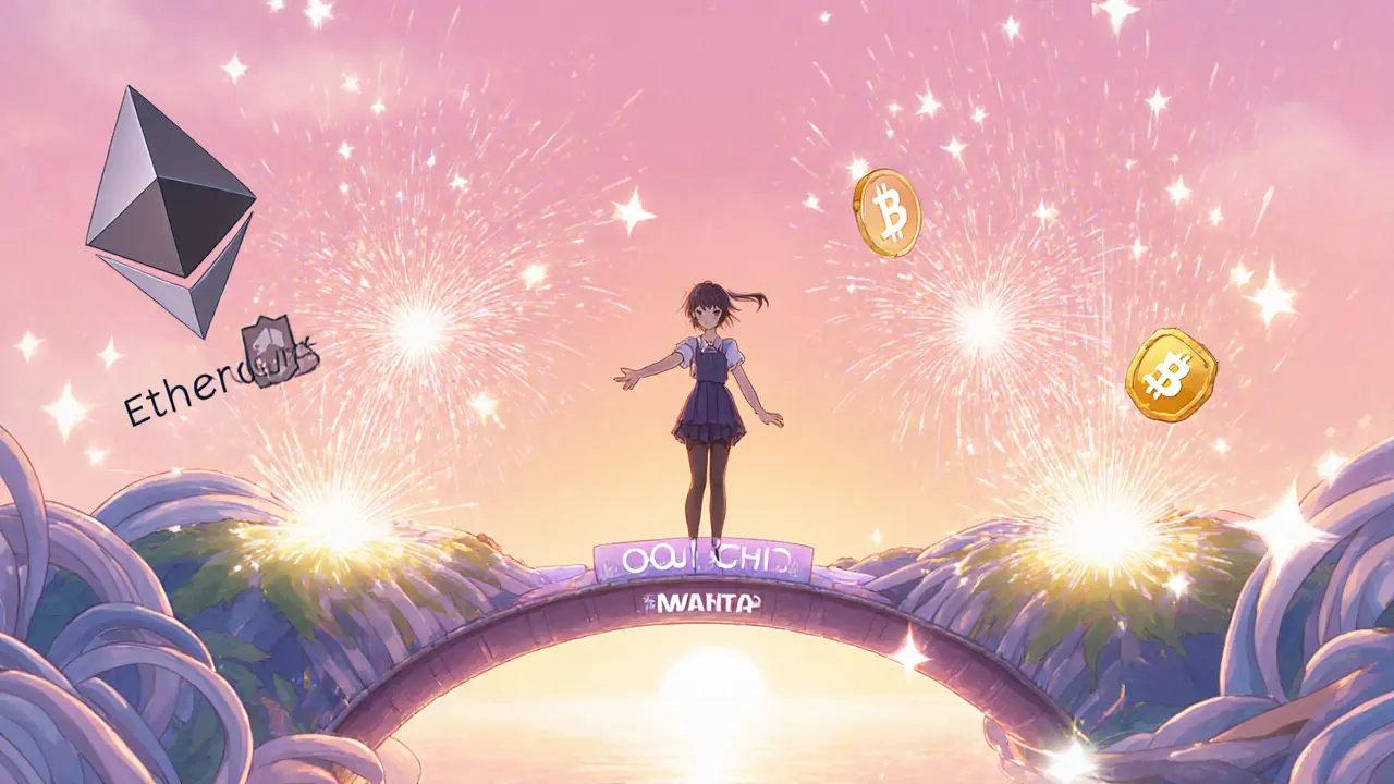 Trader stands on a ribbon bridge, tokens flow between Ethereum and Manta as sunrise glows.