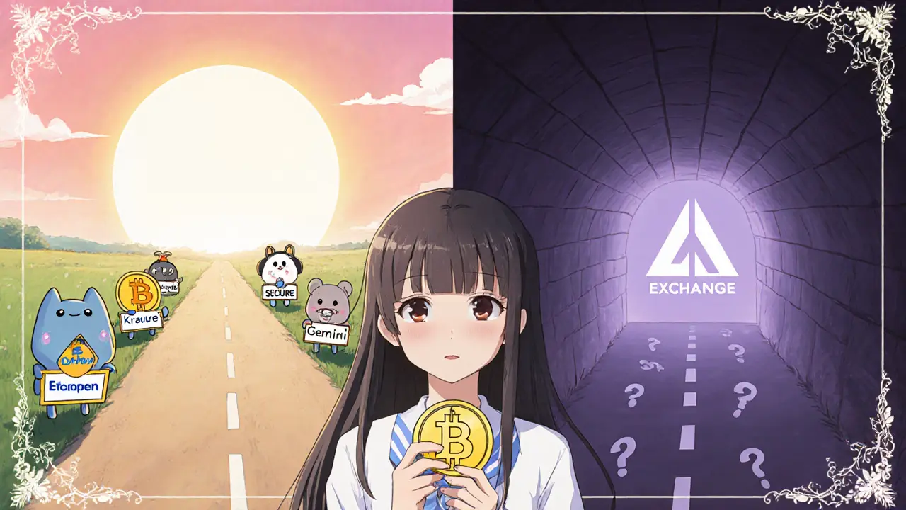 Woman at a forked path holding a crypto coin, bright path with known exchanges versus misty path with AIA Exchange.