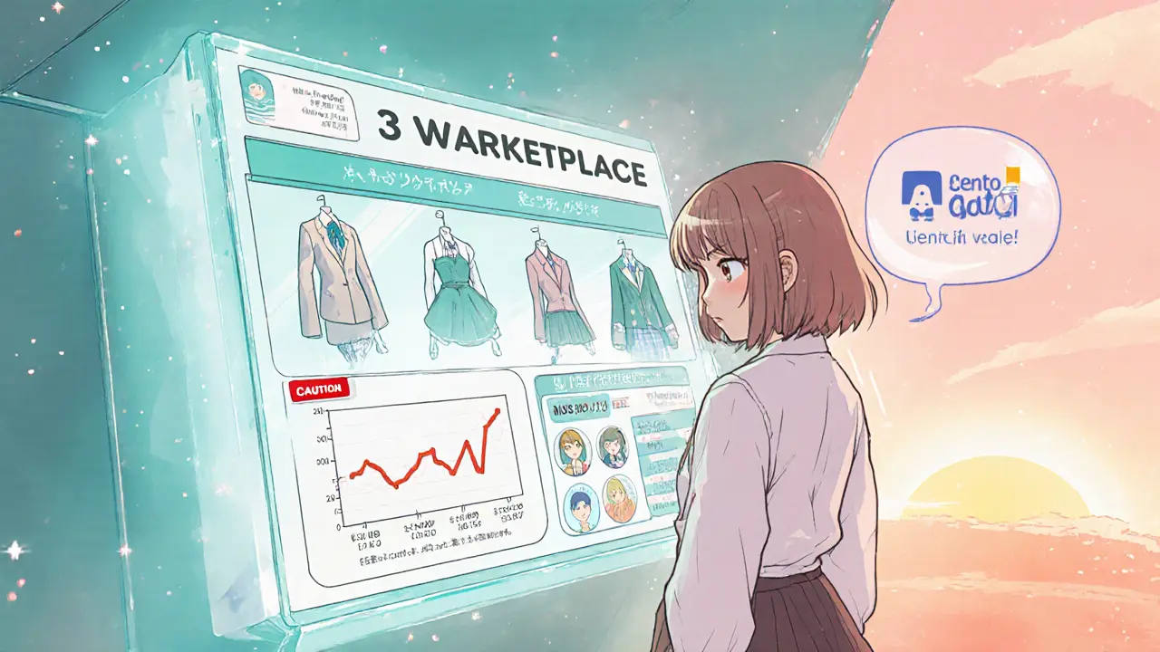 Woman browsing a holographic marketplace with digital fashion items, showing token metrics and Discord chat.