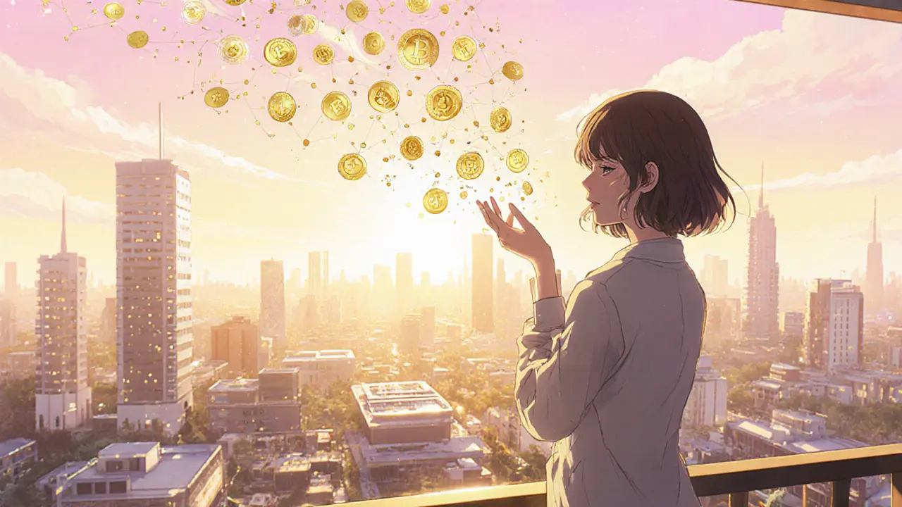 Woman releasing sparkling tokens into a sunrise cityscape representing scientific breakthroughs.