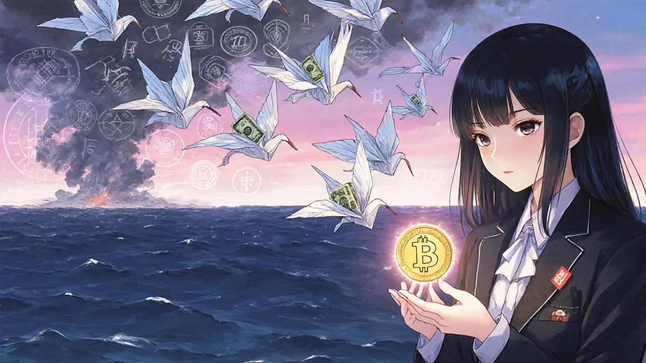 A Bitcoin coin transforms into origami cranes carrying dollar bills, flying toward a storm of regulatory symbols under a twilight sky.