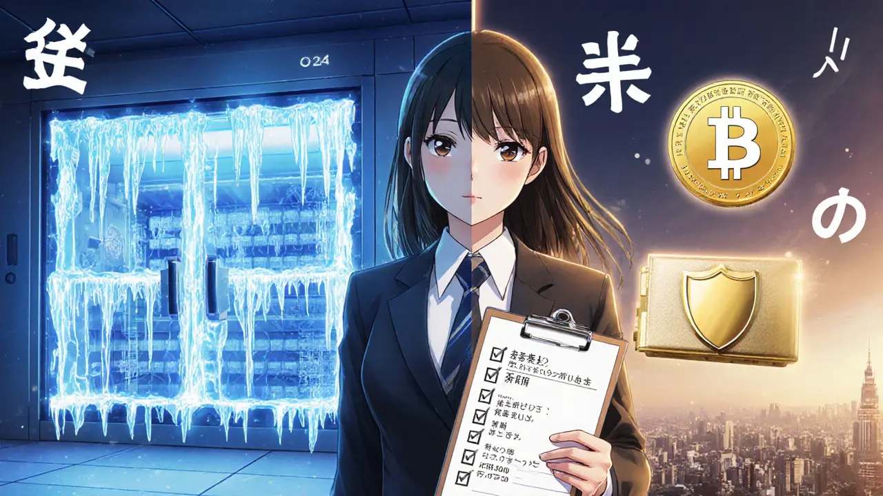 A cold wallet vault and insured hot wallet separated by a compliance officer, with Japanese security kanji floating around them.