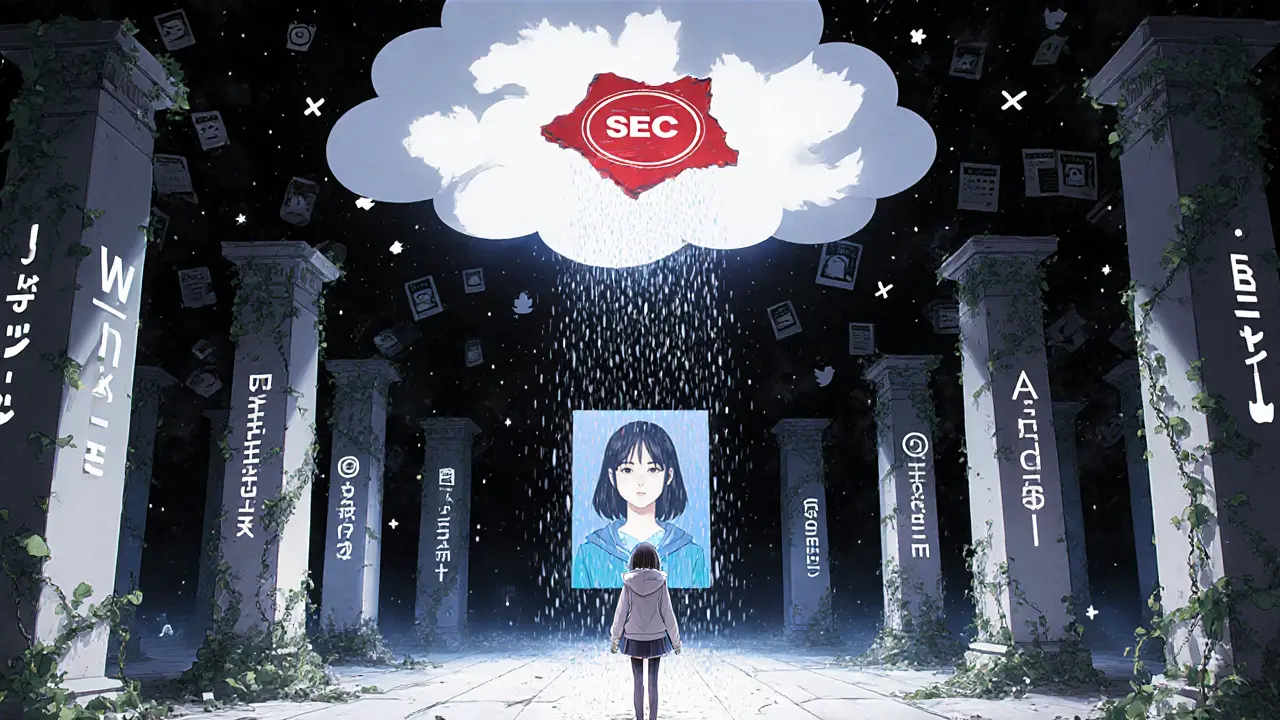 A crumbling digital temple with missing project elements as a holographic AI fades away.