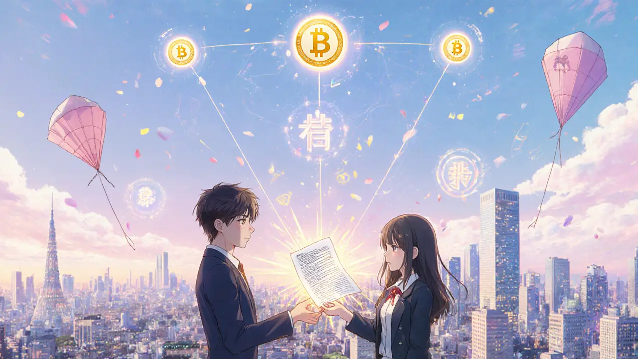 A developer hands a whitepaper to a regulator as glowing blockchain nodes drift above Tokyo at dawn.