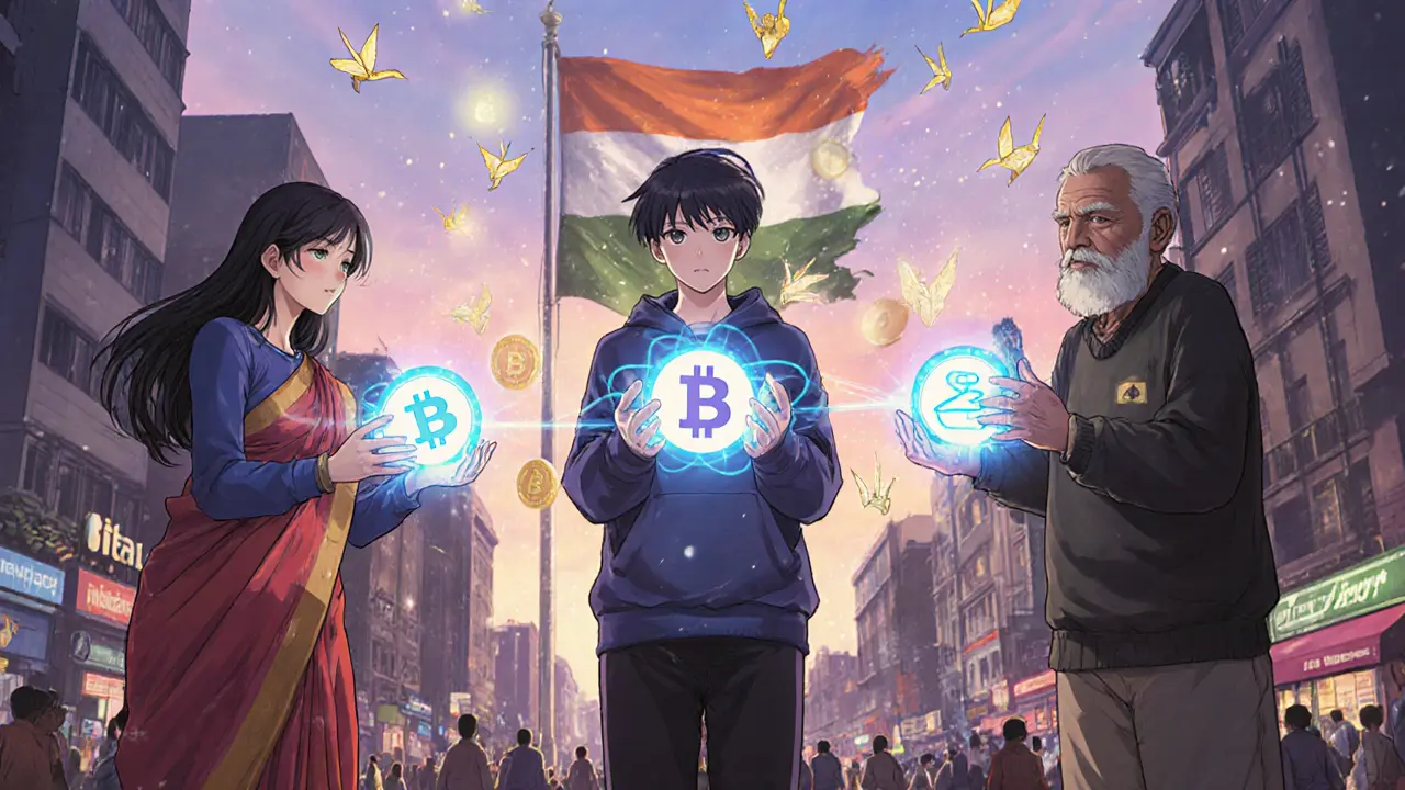 A diverse group of Indians form a circle of glowing crypto wallets, with blockchain patterns in the sky.