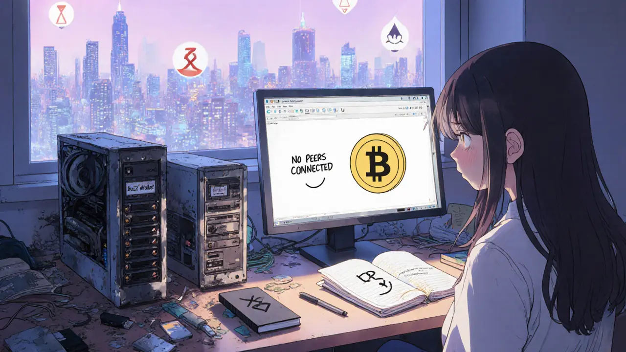 A dusty desk with an outdated BUZZ wallet USB and a monitor showing &#039;No peers connected&#039;.