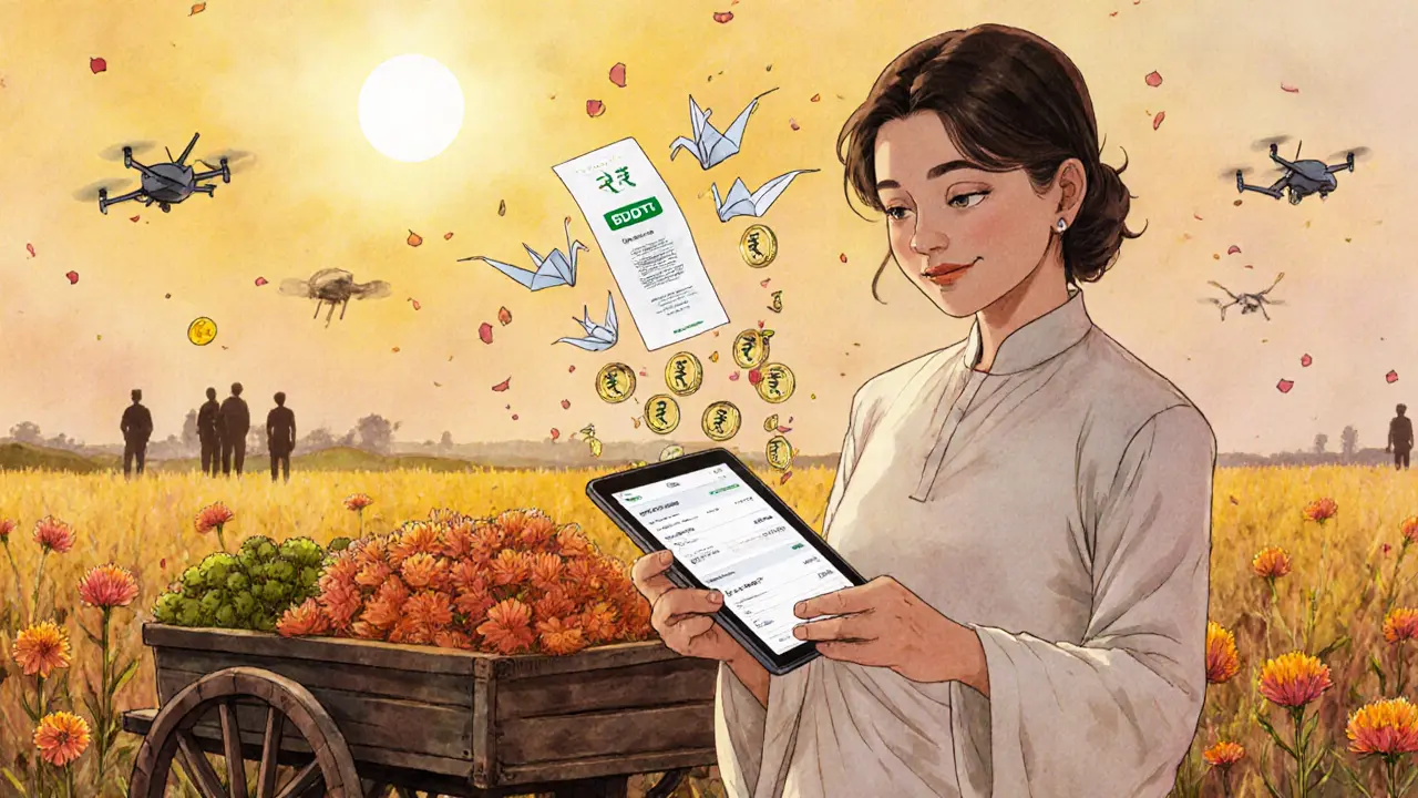 A farmer receives USDT payment for his harvest, with digital coins hovering above his tablet under a sunset.
