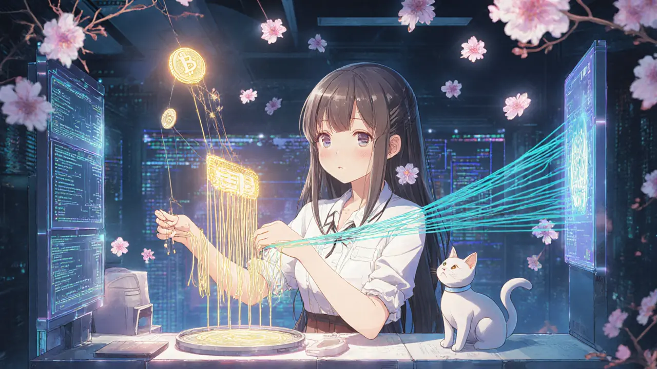 A female developer weaving holographic blockchain threads in a futuristic lab, with cherry blossoms drifting around her.