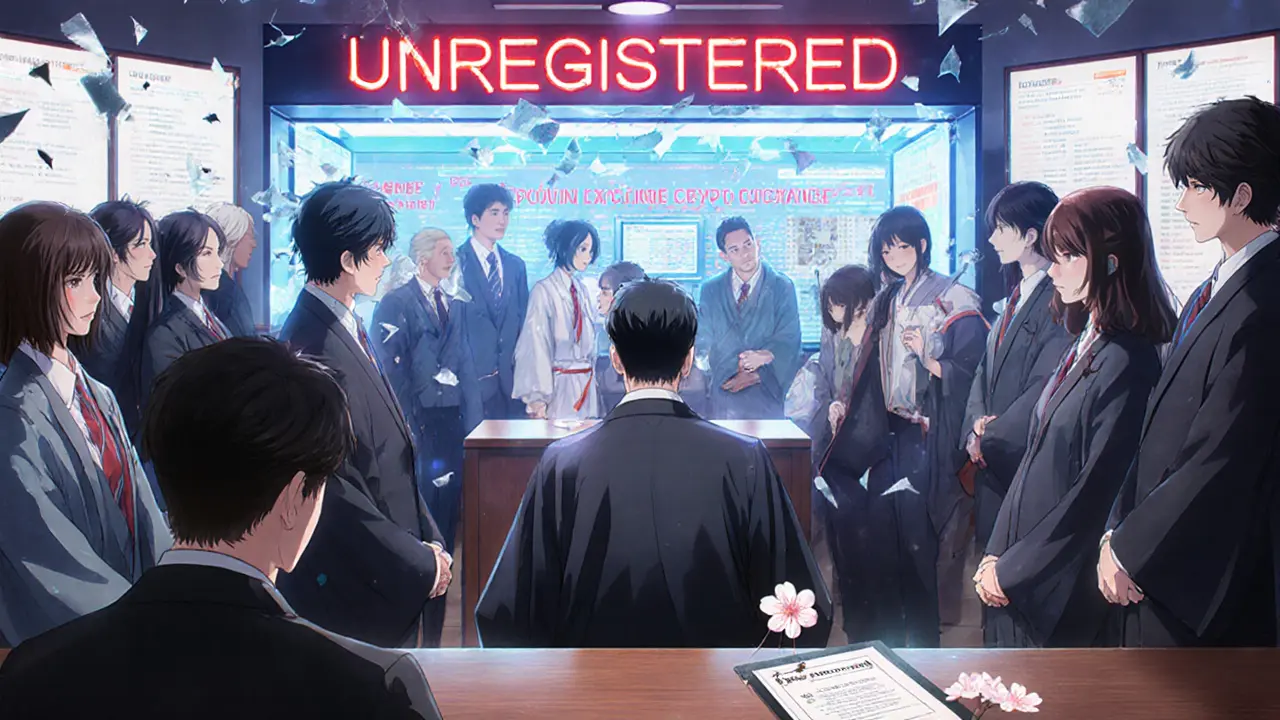 A foreign CEO in court as an unlicensed exchange crumbles, while a registered exchange shines brightly in the background.