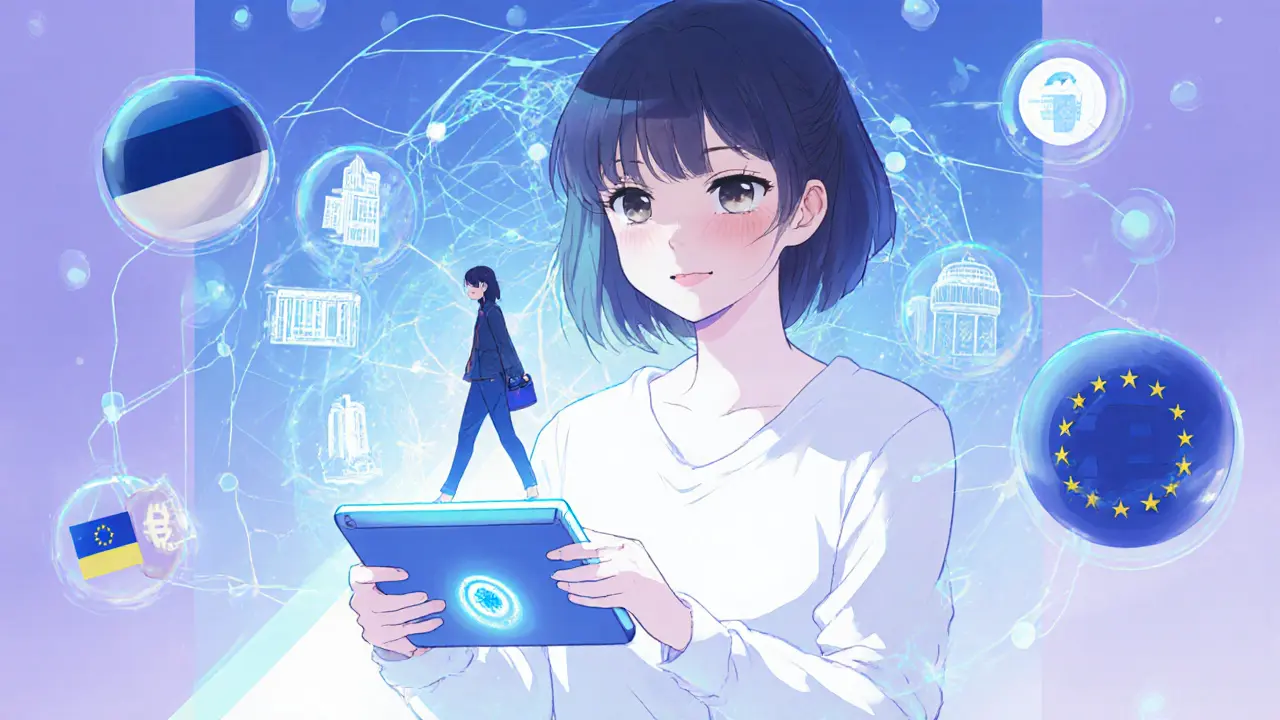 A founder receives a digital badge on a tablet, surrounded by EU and crypto icons, with a glowing path leading to global cities in soft anime tones.