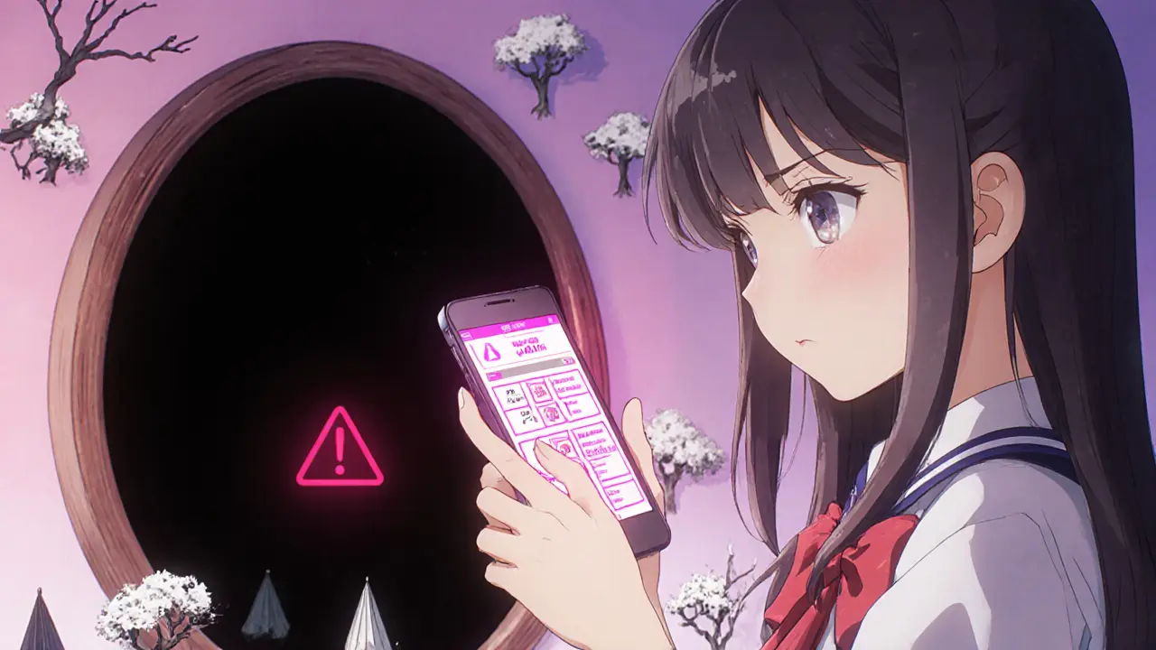 A girl&#039;s hand above a phone showing fake MMS tokens, with a dark void reflecting her empty wallet behind her.