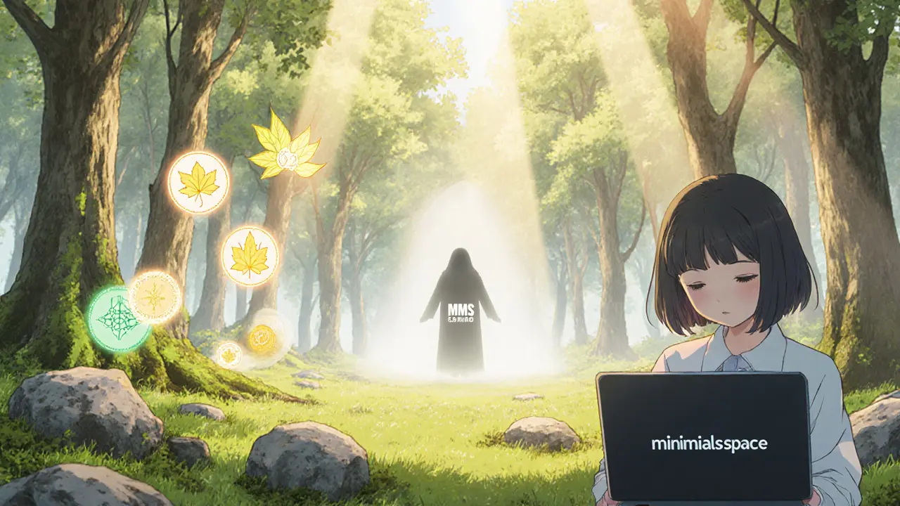 A girl closing a laptop labeled &#039;minimals.space&#039; as real eco-crypto tokens glow gently in a sunlit forest.