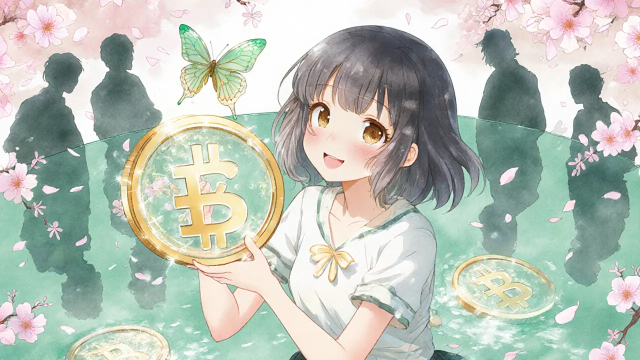 A girl holding a stETH token that becomes a butterfly, with reflections of DeFi activities around her.