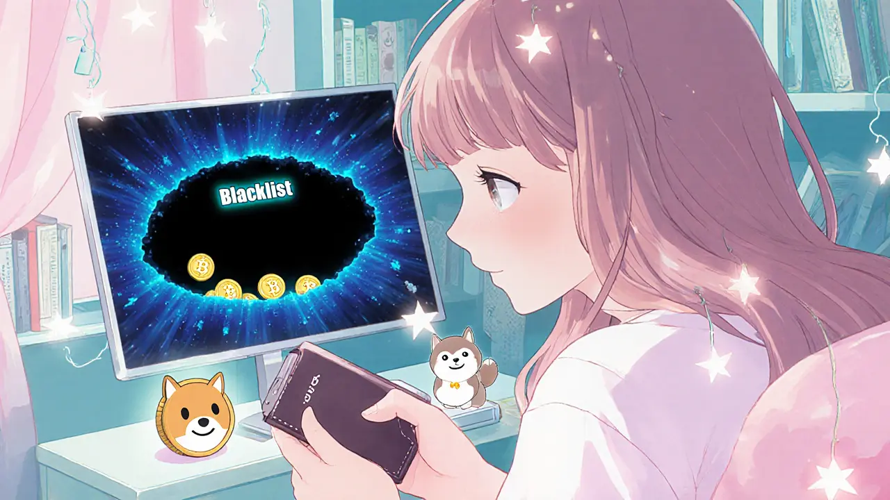 A girl holds a hardware wallet as BOBO tokens vanish into a blacklist black hole, while safer coins glow nearby.