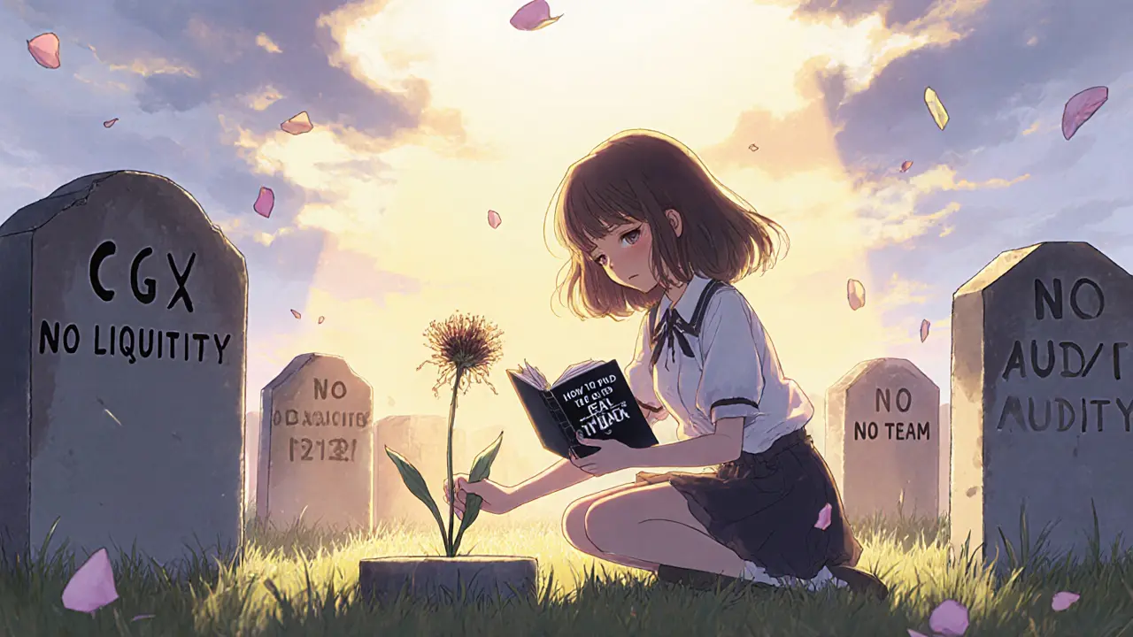 A girl placing a wilted CGX flower into a digital graveyard of abandoned crypto tombstones.