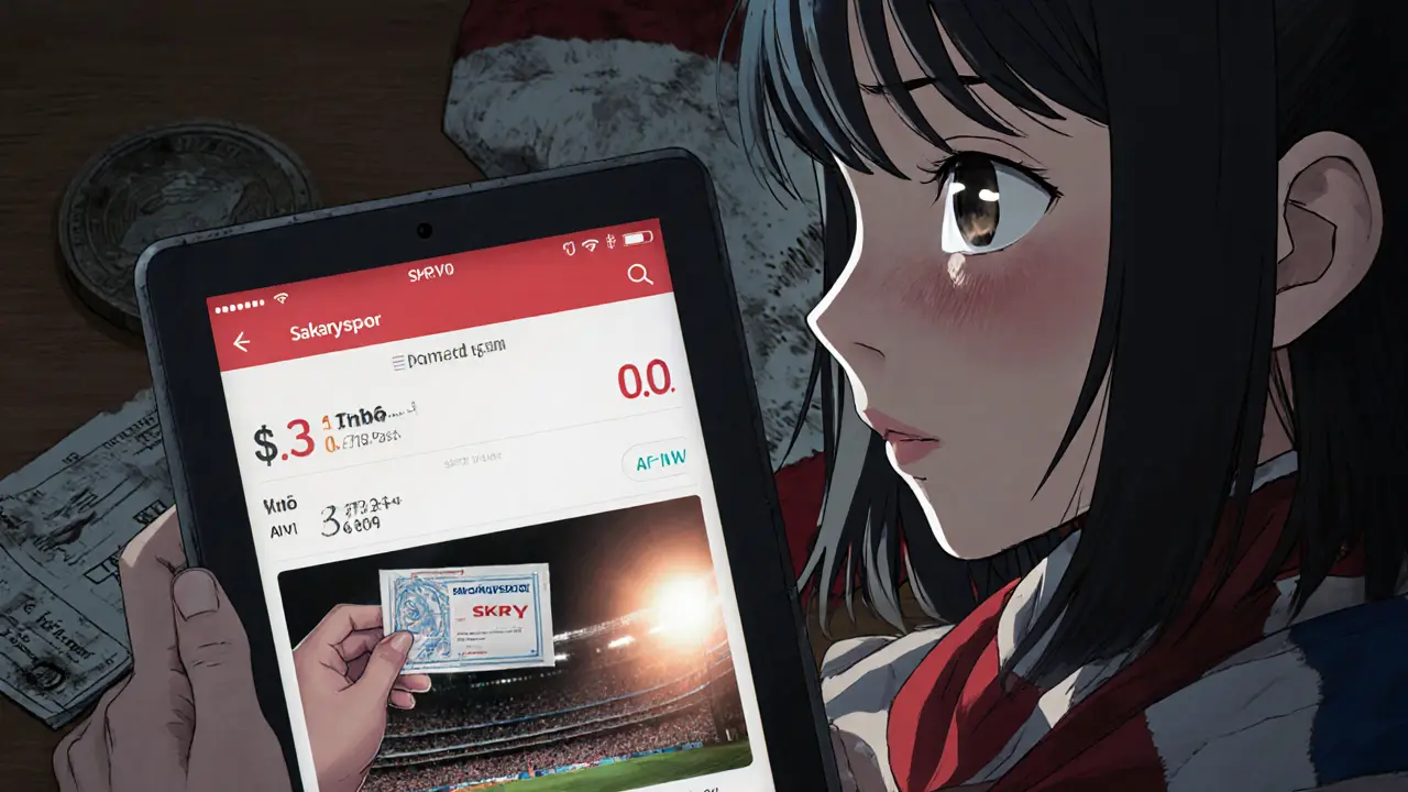 A girl stares at a crypto app showing SKRY&#039;s zero market cap, tearful, with a ticket and scarf beside her.