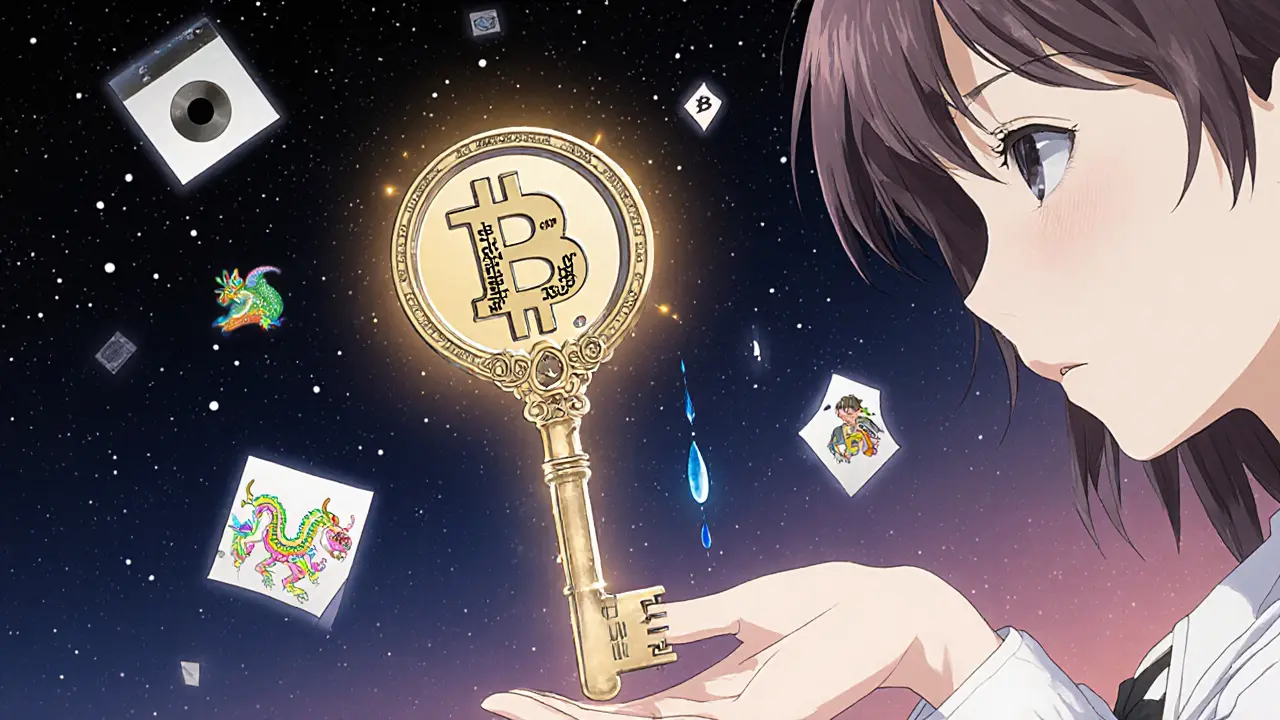 A hand holding a Bitcoin key above a floating seed phrase, with drifting NFTs and a tear turning into a Bitcoin symbol.