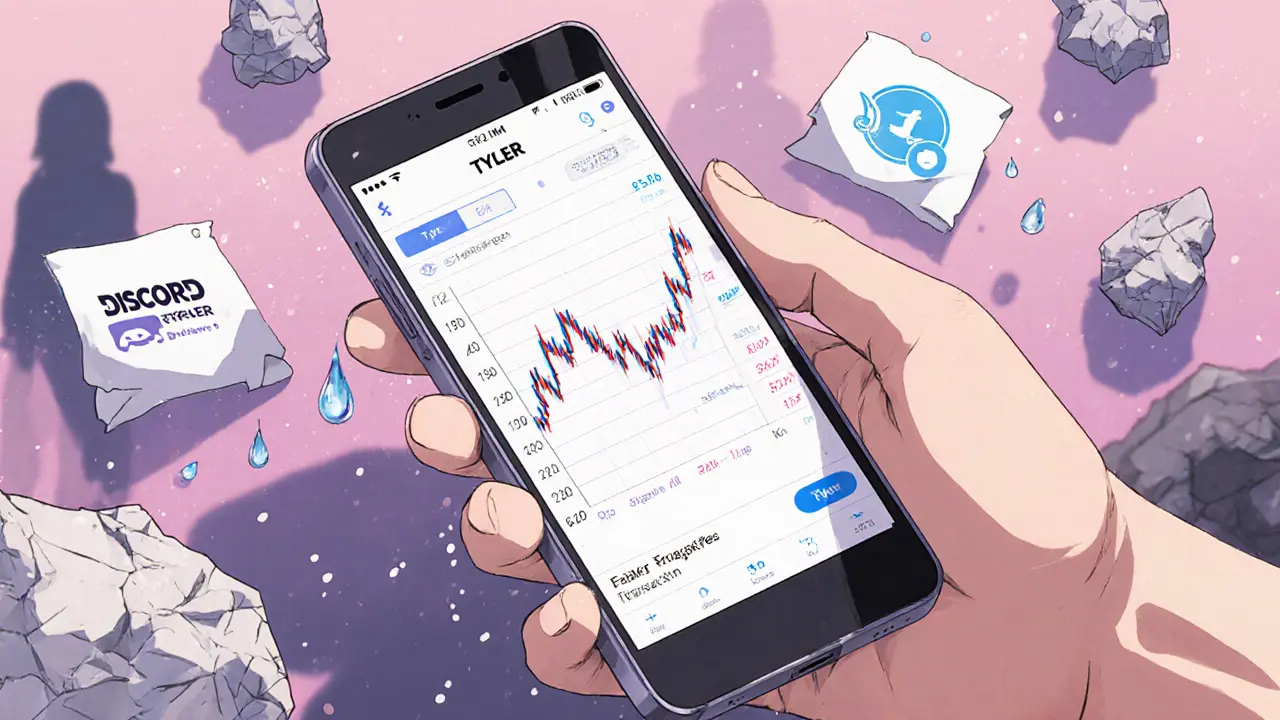 A hand holds a phone showing a wild TYLER price chart, with failed transaction notes and tear drops turning to dust.