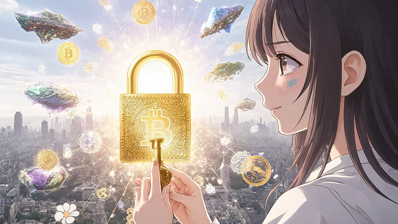 A hand unlocking a blockchain node, transforming a gray city into a vibrant web of digital worlds.