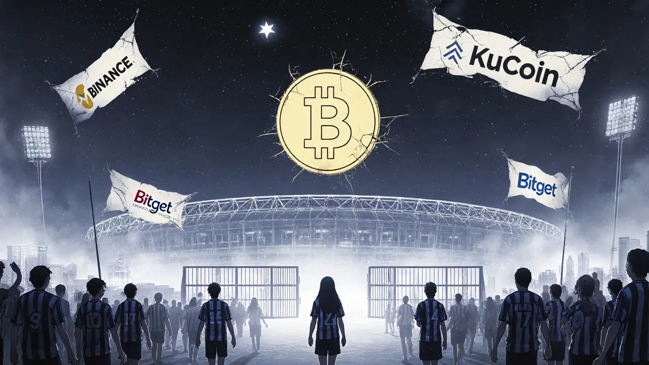 A lone SKRY token drifts in space as faded exchange logos dim, while fans walk away from a locked stadium.