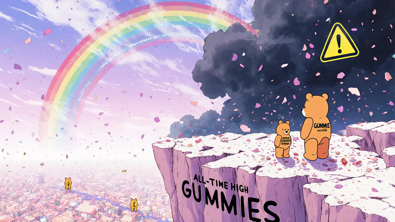 A lonely gummy bear stands on a crumbling cliff labeled &#039;All-Time High&#039; as other candy coins wander away.