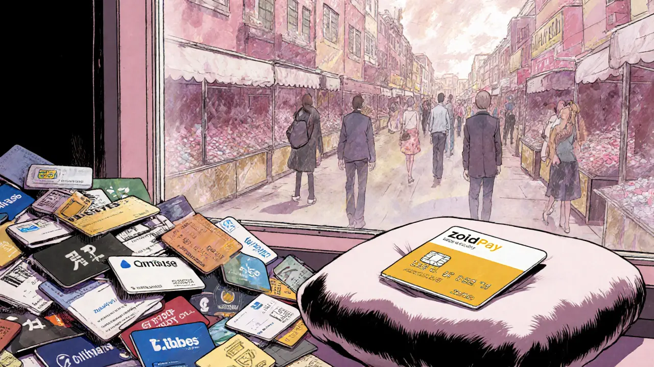 A lonely ZoidPay crypto card beside other popular payment cards, in a quiet, dreamy room.