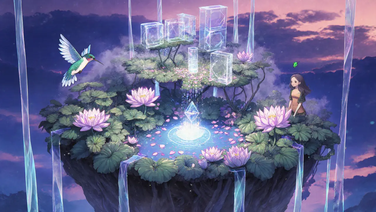 A modular blockchain as a floating garden with layers of data meadows, lotus rollups, and a hummingbird chain.