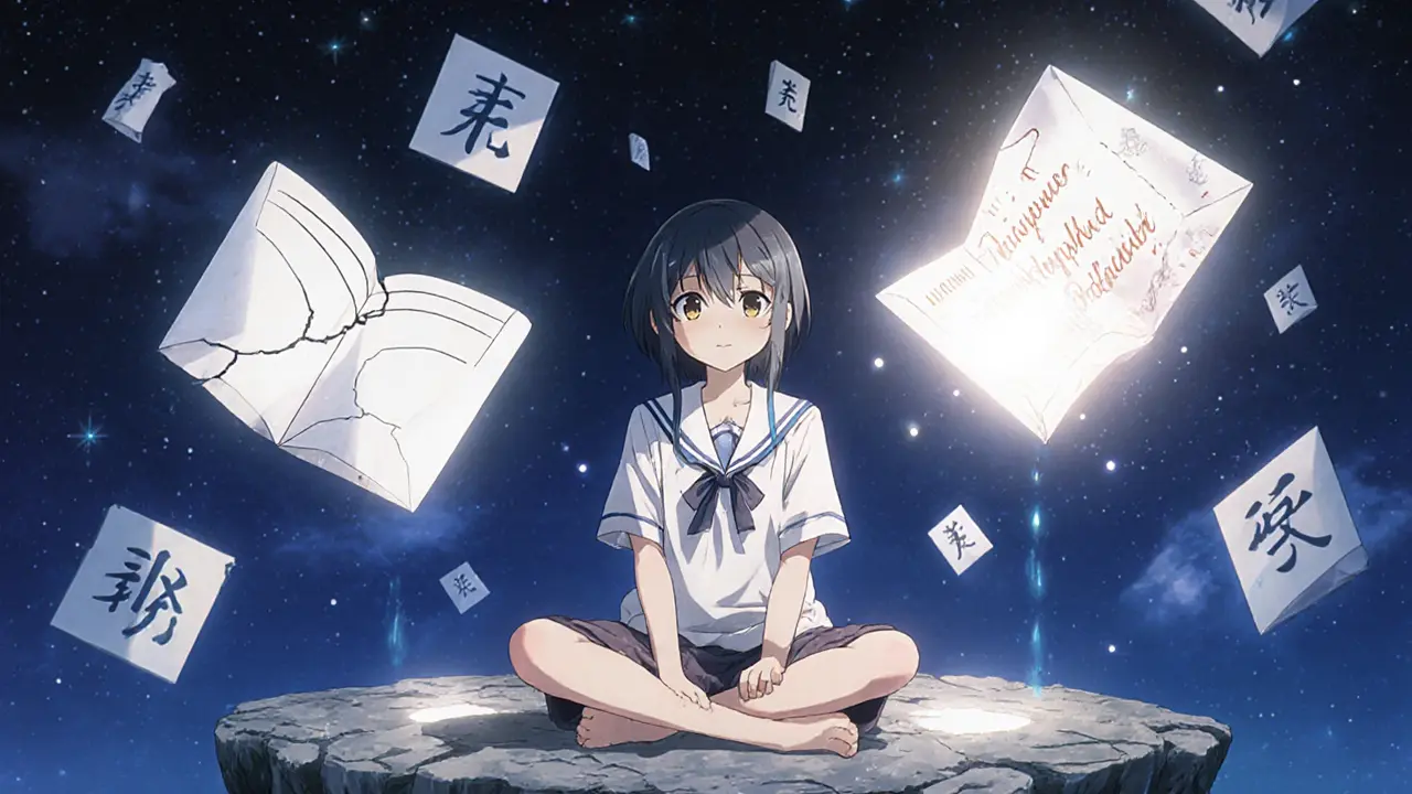 A person sits among floating origami wallets, one cracked and empty, another glowing with a seed phrase in space.
