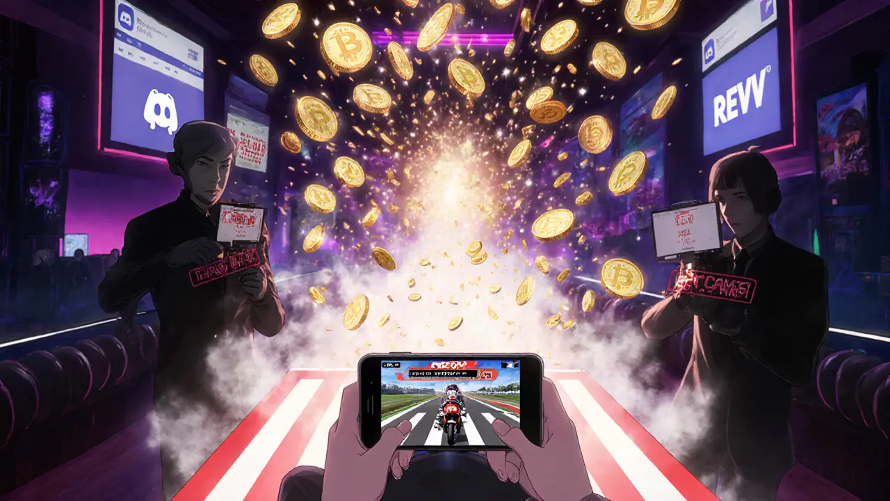 A player wins a race in MotoGP™ Ignition as REVV tokens rain down, while scam logos fade into smoke behind them.