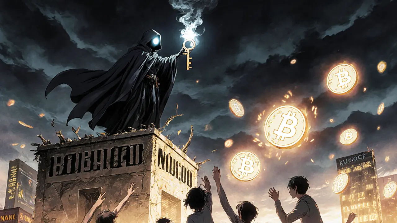 A shadowy figure destroys a fake exchange tower as BOBO tokens turn to ash beneath concerned traders.