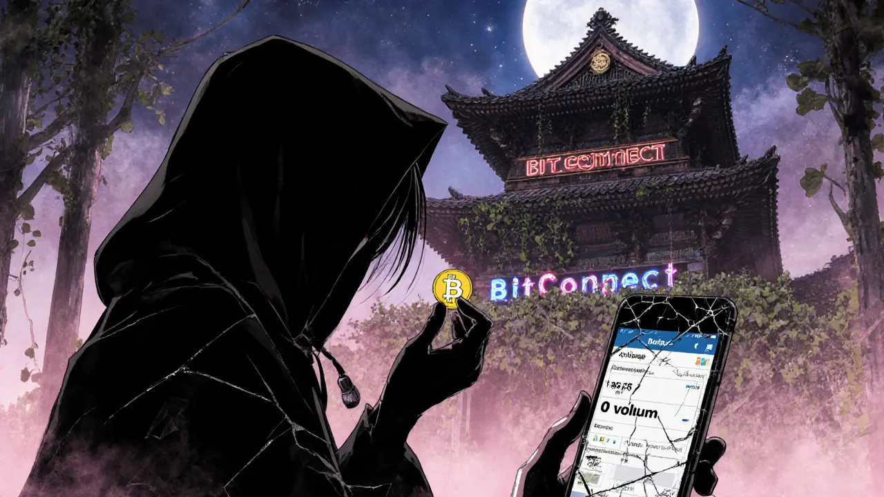 A shadowy figure holds a tiny BUZZCoin token while a decaying BitConnect temple looms behind.