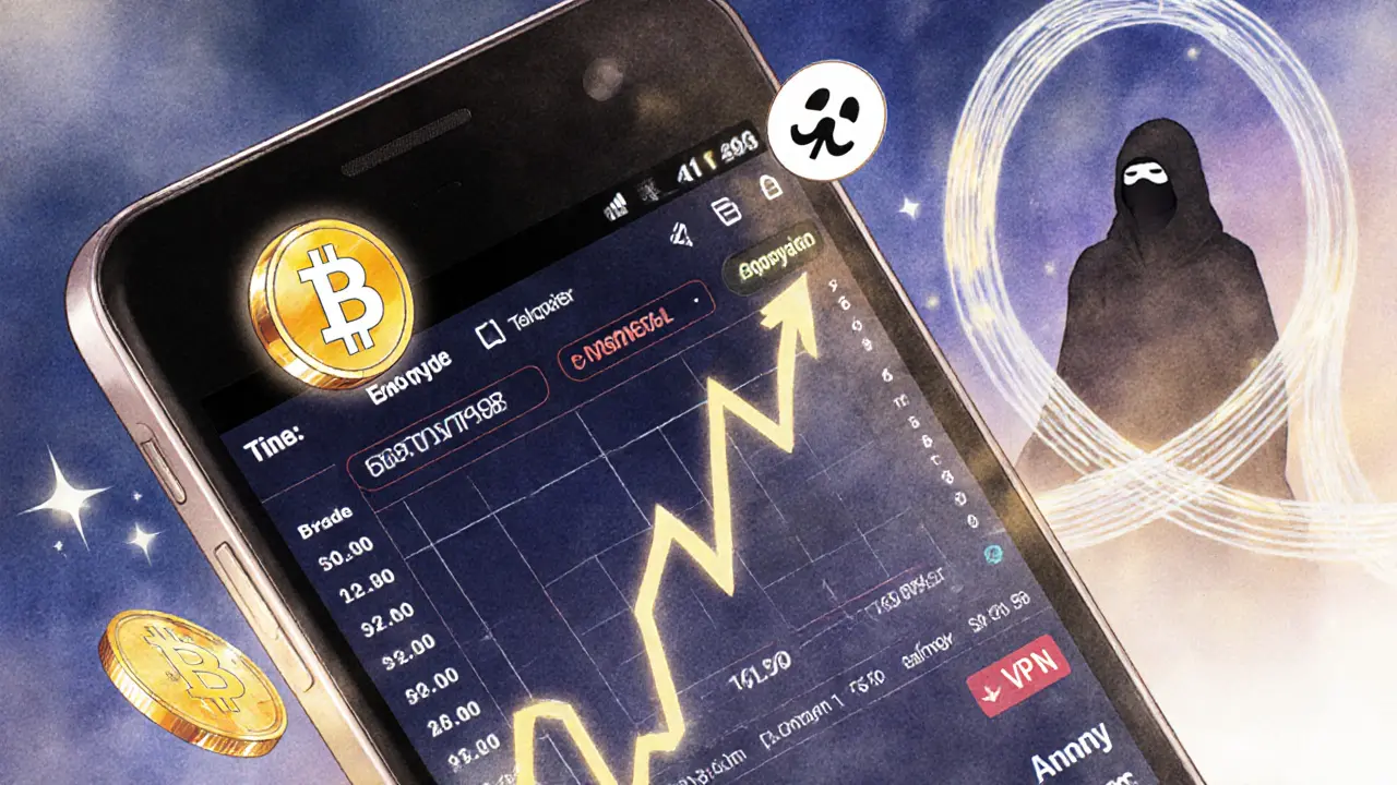 A smartphone with a crypto chart surrounded by privacy icons, shielded by a glowing VPN tunnel in shoujo manga style.