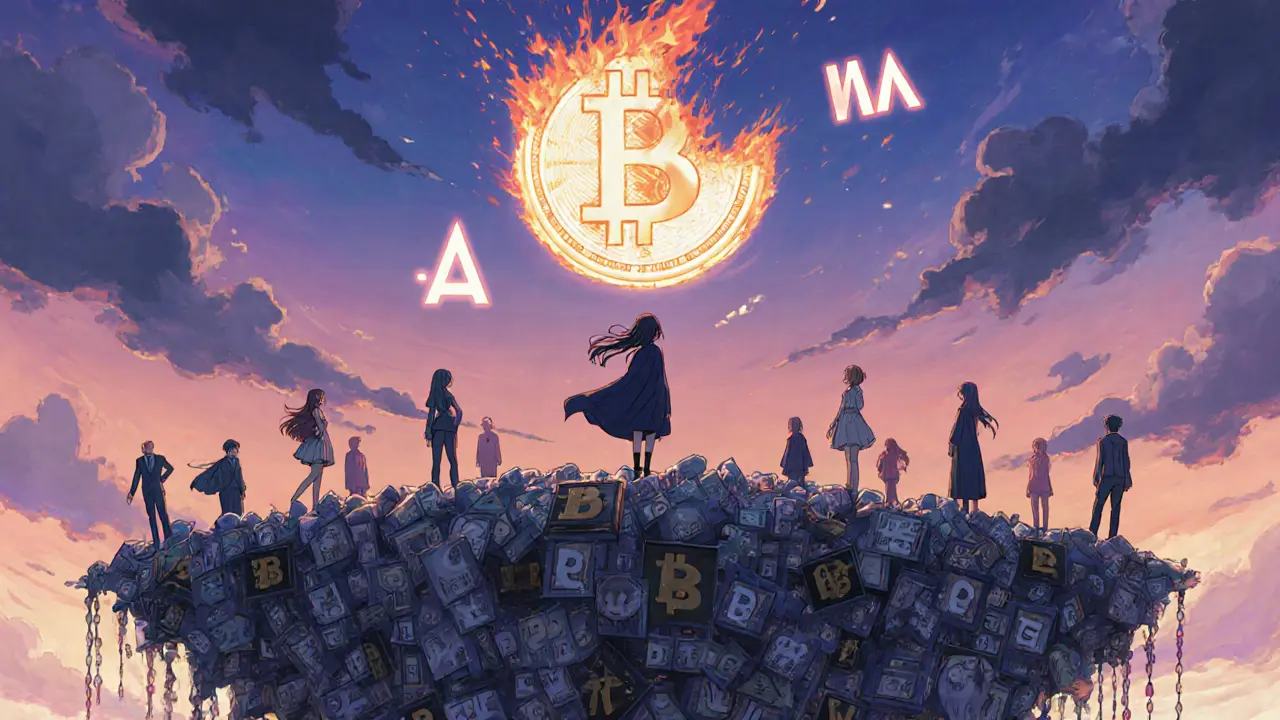 A solitary figure on a figurine island gazing at a burning SKYA token in the twilight sky.