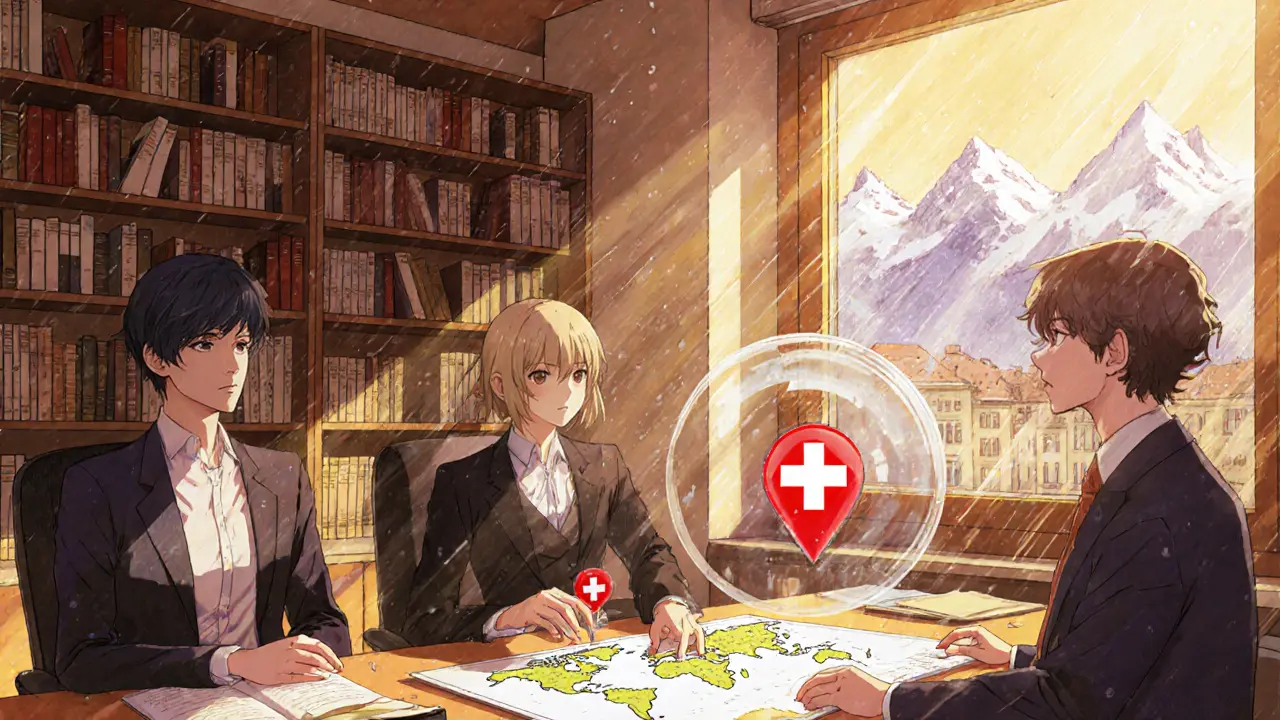 A team works in a Zurich office with holographic blockchain diagrams and snow falling outside, conveying calm, long-term stability.