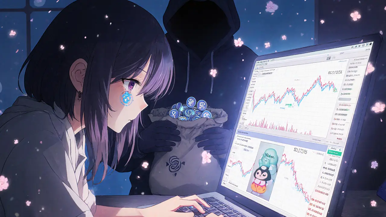 A tearful teen trader stares at a crashing Labubu SOL price graph, shadowy figure behind them holding SOL tokens.
