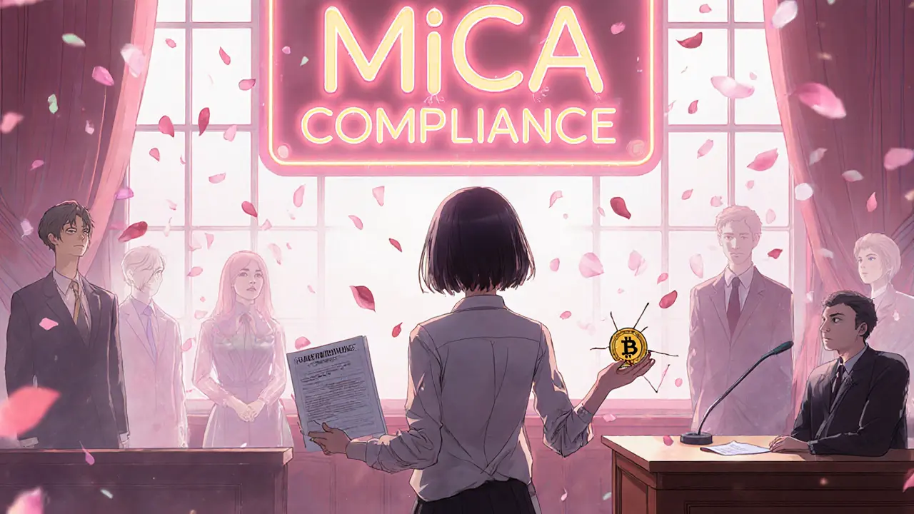 A young entrepreneur in court surrounded by regulatory figures, holding a Wyoming license and a broken token.