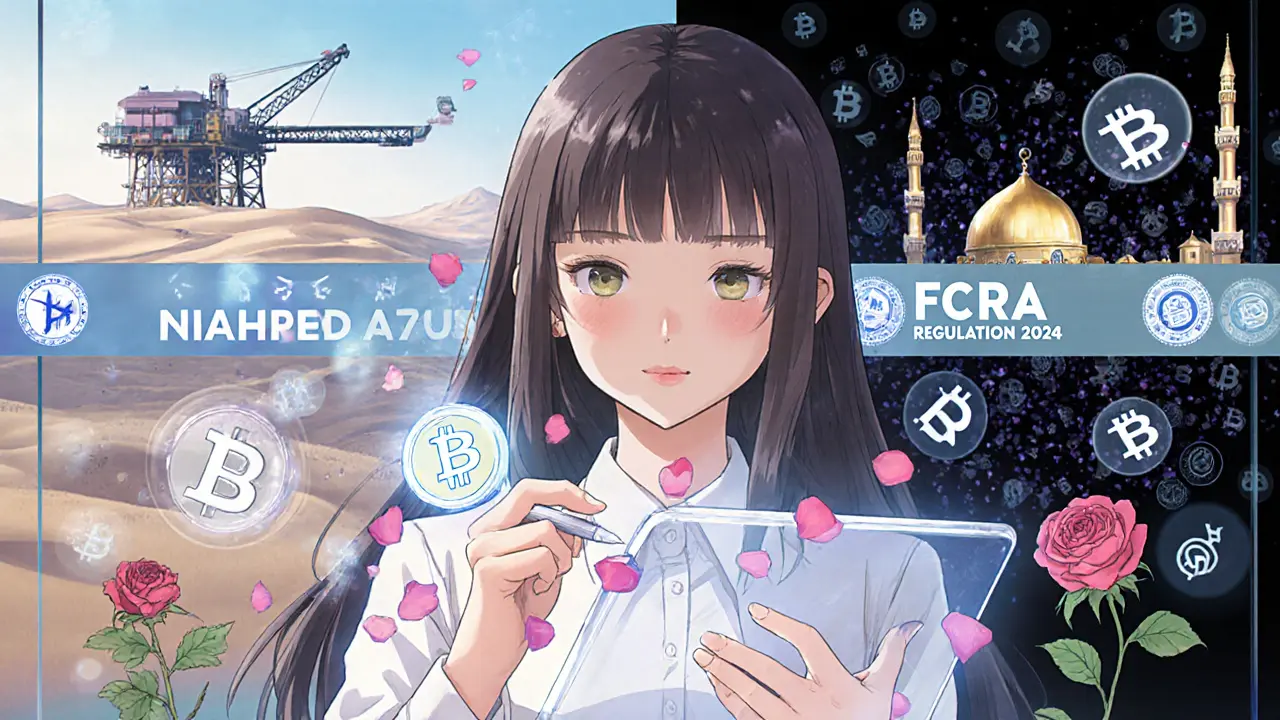 A young entrepreneur sketches a tokenized real estate asset, surrounded by holograms of Qatari landmarks, separated from forbidden crypto symbols.