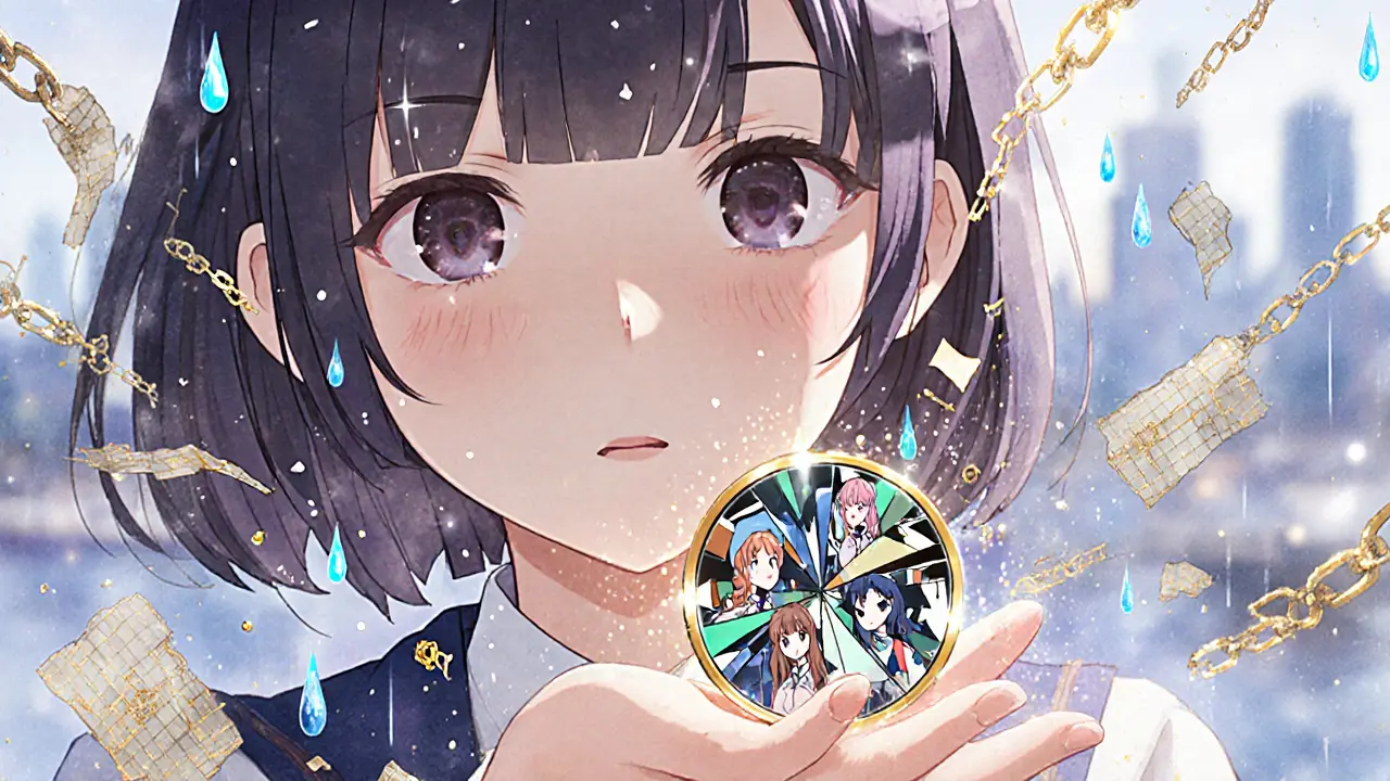 A young woman holding a cracked SKYA token as digital and physical worlds dissolve around her.