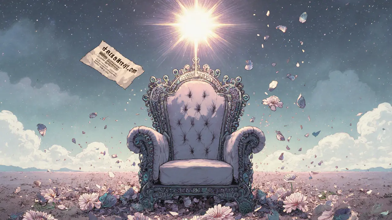 An empty throne of blockchain nodes sits in a silent digital wasteland, a contract address glows above it alone.