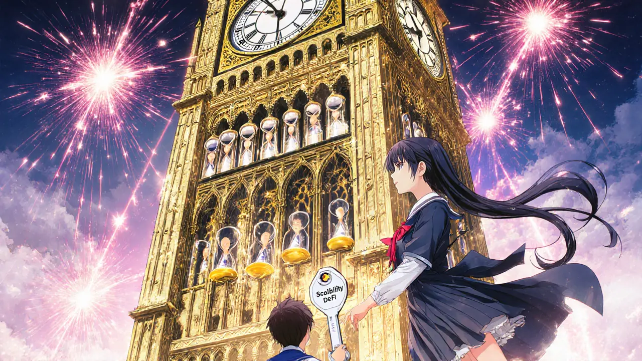 An ornate golden clocktower of smart contracts with gas hourglasses, a developer below holding a key.