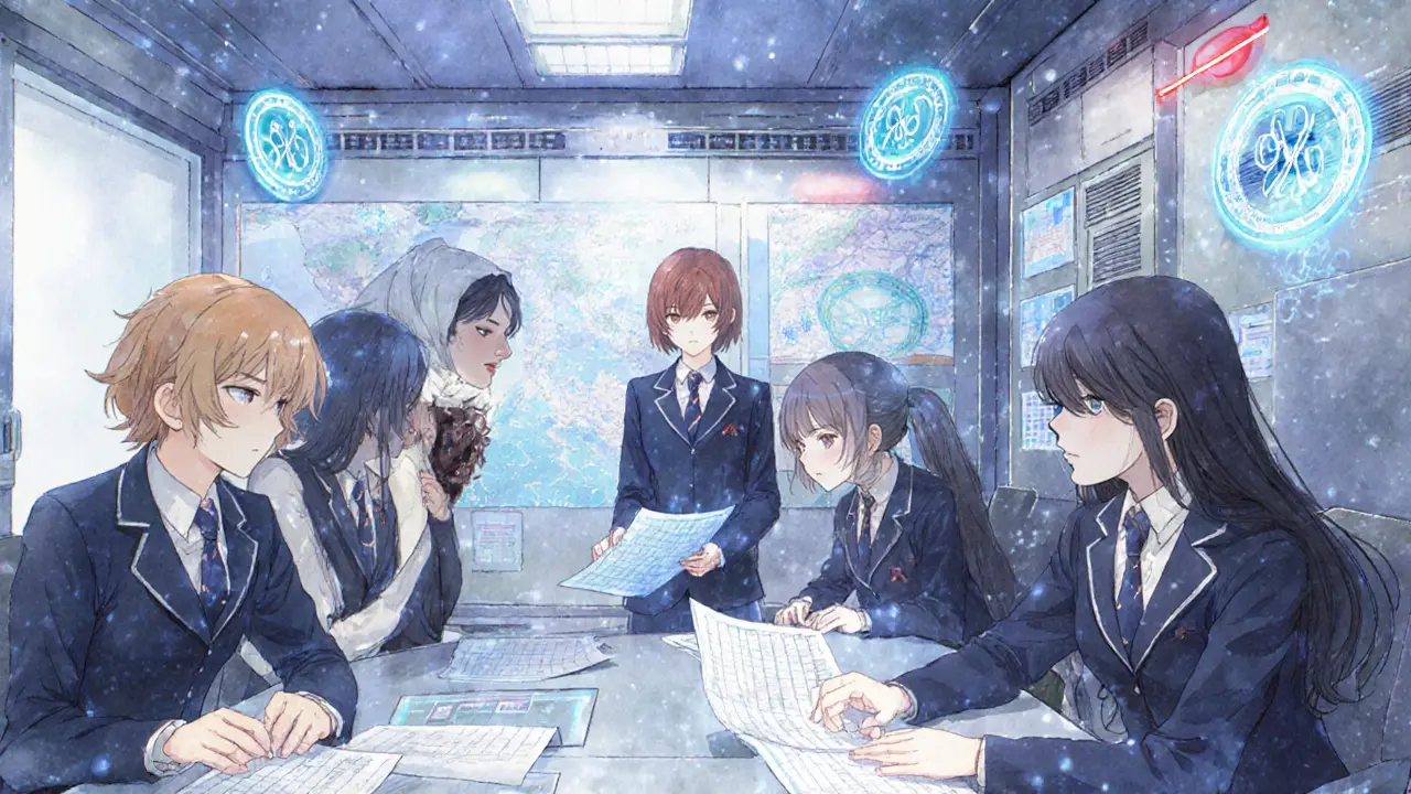 Compliance officers review holographic crypto ledgers under cool blue light in a quiet FSA office.