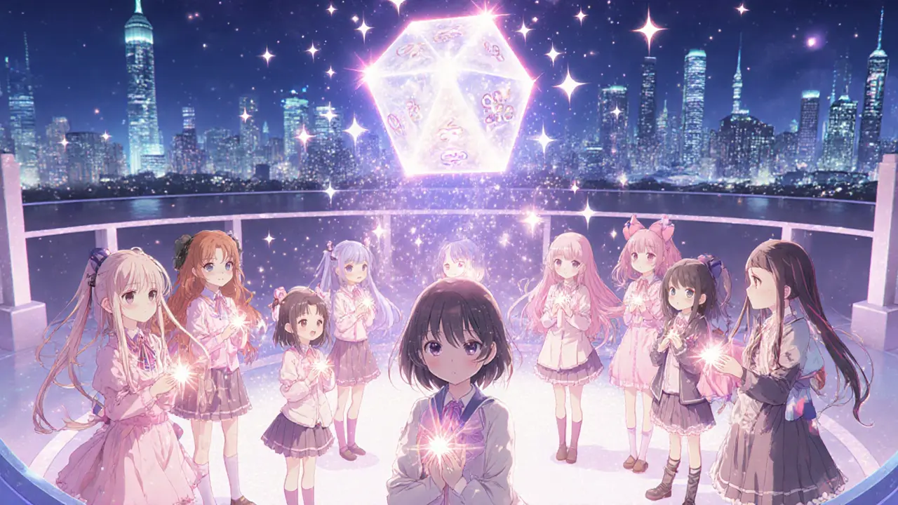 Diverse teens in a circular arena with a star dice determining block validation, glowing stakes in hand.