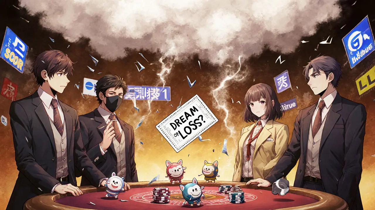 Labubu toys as casino chips in a surreal gambling scene with an SEC stamp overhead and fading exchange logos.