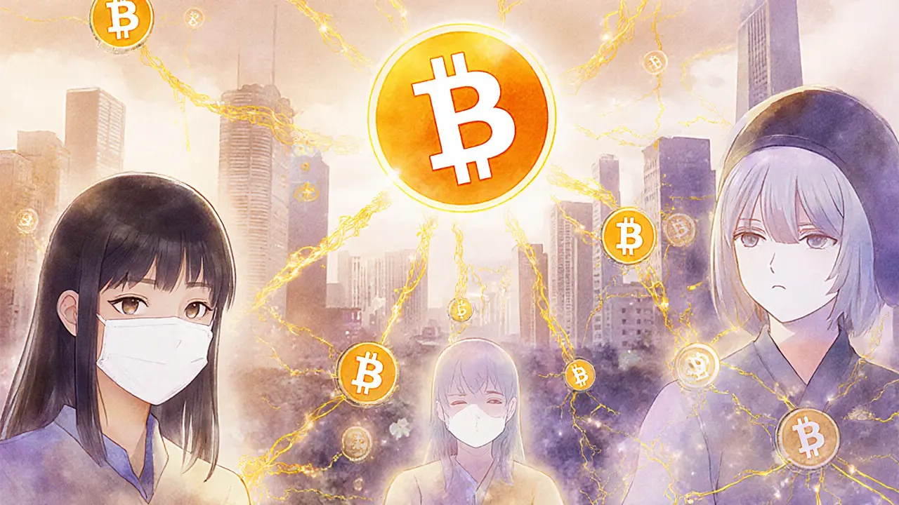 North Korean IT workers connected by glowing blockchain threads, their identities hidden behind digital masks, data flowing through urban landscapes.