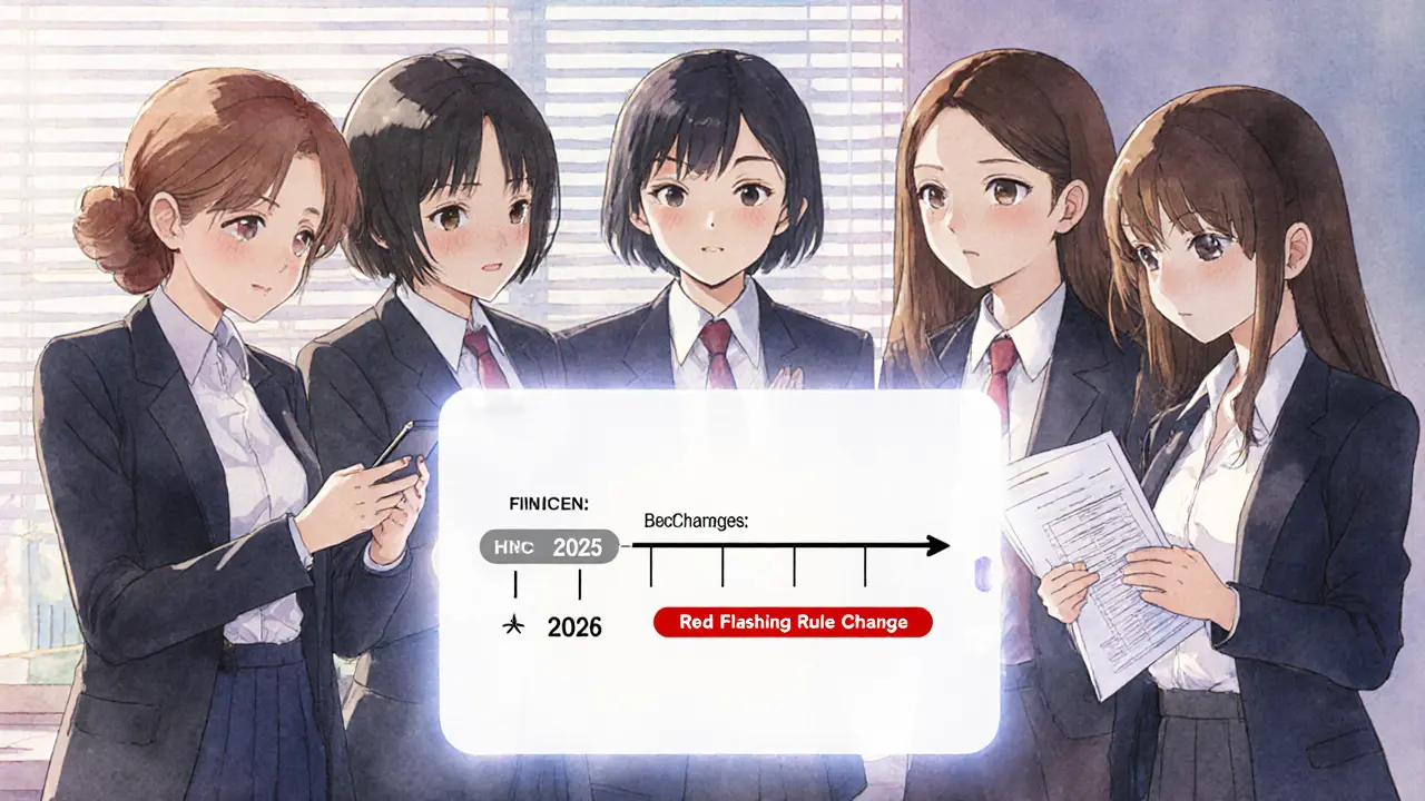 Professionals gather around a tablet showing a timeline of changing crypto reporting rules.