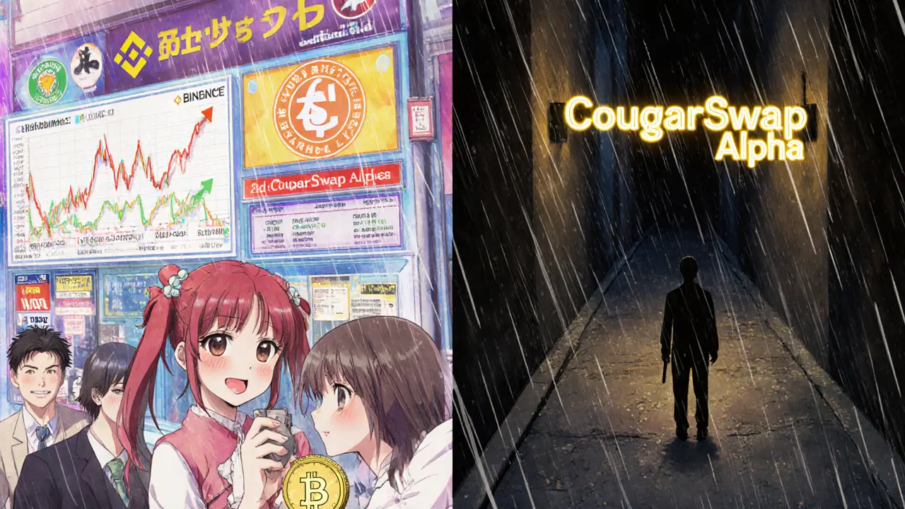 Split scene: vibrant real crypto exchange vs. dark alley with a lonely &#039;CougarSwap Alpha&#039; sign.