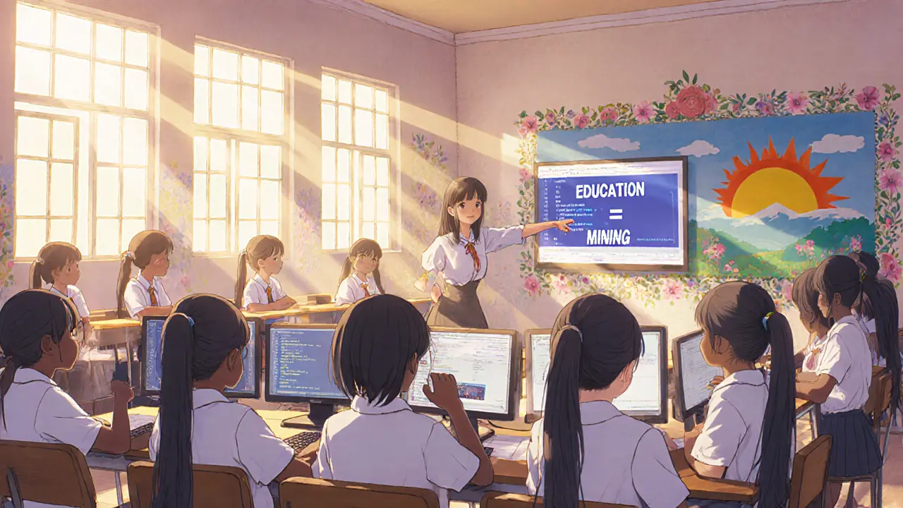 Students learning about technology using seized mining rigs repurposed in a classroom in Luanda.