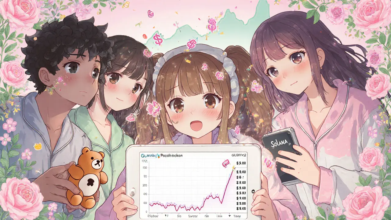 Teen traders in pajamas watch a GUMMY price chart with glowing tokens and confetti-like dollar signs around them.